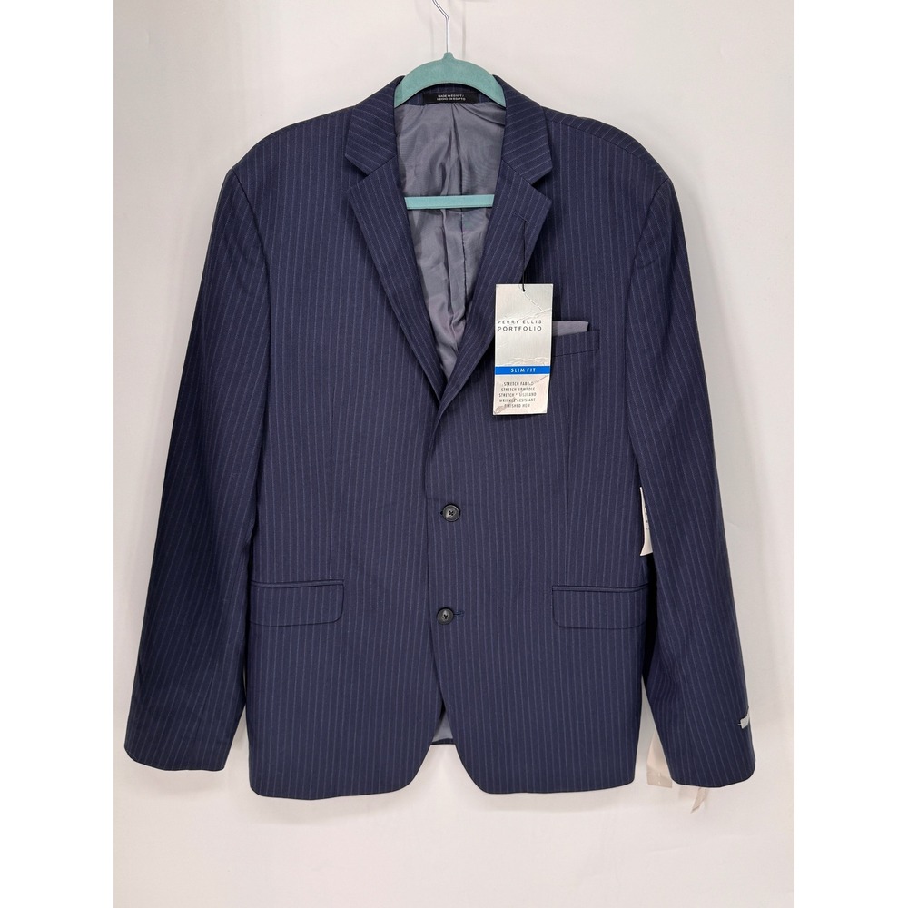 Perry Ellis Suit Jacket Mens 42L Dark Blue NWT Slim Fit Pinstripe Stretch Blazer